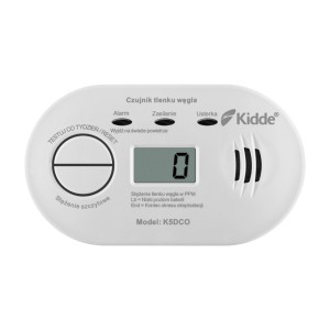 Czujnik tlenku węgla Kidde: Ostrzega przed niebezpiecznym stężeniem gazu, model K5DCO.