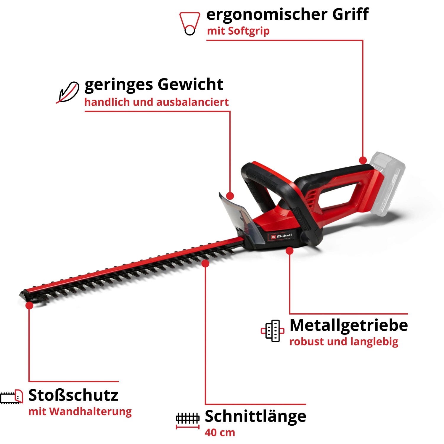 Akumulatorowe nożyce do żywopłotu Einhell GC-CH 18/40 Li Solo: Czerwono-czarne z długością cięcia 40 cm.