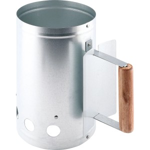 Metalowy kominowy rozpalacz do węgla drzewnego z drewnianą rączką do szybkiego rozpalania grilla.