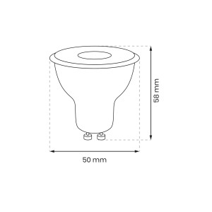 Szkic żarówki LED GU10 z wymiarami (58x50mm) dla szczegółów technicznych.