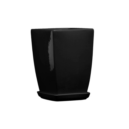 Doniczka z podstawką Kwadrat Pękaty czarny połysk - 24 cm