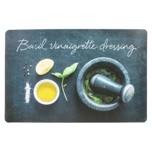 Obrus z motywem winegretu bazyliowego, idealny do kuchni i jadalni.