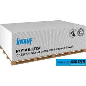 Stos płyt gipsowych Knauf, elastycznych, do kształtowania krzywizn, na palecie.