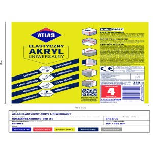 Etykieta Atlas Elastyczny Akryl Uniwersalny, kartusz z informacjami o produkcie i instrukcją użytkowania.