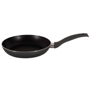Czarna patelnia z powłoką nieprzywierającą i ergonomicznym uchwytem.