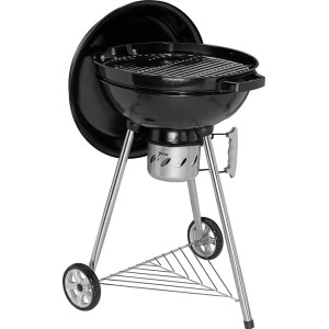 Czarny grill węglowy t.b.t. z pokrywą i kółkami.