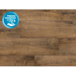 Brązowe panele podłogowe t.b.t. o wyglądzie drewna, wodoodporne do 72 godzin.