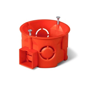 Pomarańczowa puszka podtynkowa z wkrętami do instalacji elektrycznej.