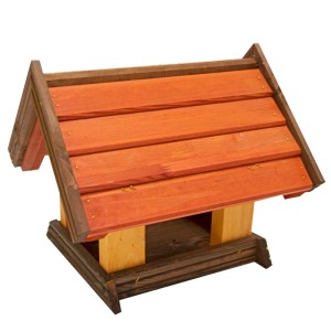 Drewniany karmnik dla ptaków z czerwonym dachem. Idealny do ogrodu. Karmniki dla ptaków.