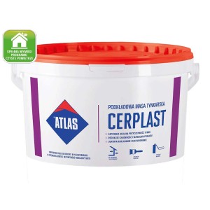Wiadro gruntu głęboko penetrującego Atlas Cerplast do tynków, czerwona pokrywa, fioletowe akcenty.