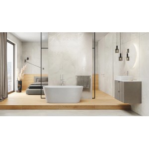 Jasna łazienka z płytkami podłogowymi t.b.t. i wolnostojącą wanną.