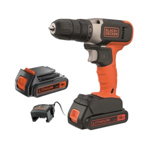 Wiertarko-wkrętarka akumulatorowa Black+Decker z akumulatorem i ładowarką.