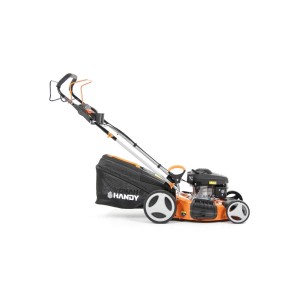 Pomarańczowa kosiarka spalinowa z koszem.