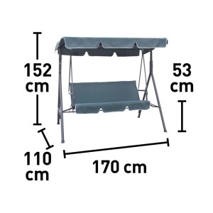 Wymiary huśtawki ogrodowej t.b.t.: 152x170x110 cm. Wysokość siedziska 53 cm.