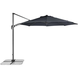 Antracytowy okrągły parasol wiszący Derby Ravenna AX z podstawą na płyty tarasowe.