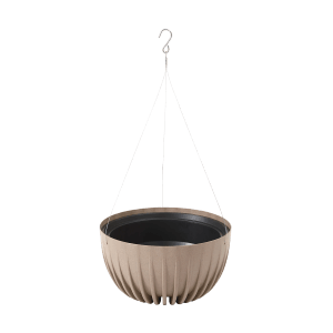 Wisząca misa na kwiaty t.b.t. w kolorze beżowym z urządzeniem do zawieszania.