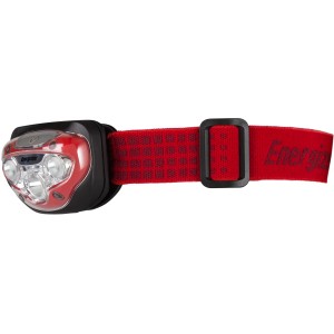 Latarka czołowa Energizer Vision HD z czerwoną opaską, 80 lumenów, z bateriami.