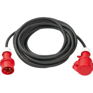 Czarno-czerwony przedłużacz CEE, 10 m, z wytrzymałą wtyczką i gniazdem do kempingu i ogrodu.