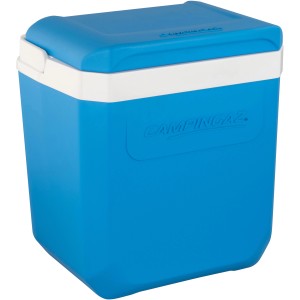 Niebieski pojemnik termoizolacyjny Icetime Plus 30 l z białą pokrywą i uchwytem na pikniki i kemping.