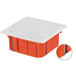 Puszka podtynkowa t.b.t. z białą pokrywą, pomarańczową obudową i wspornikami montażowymi.