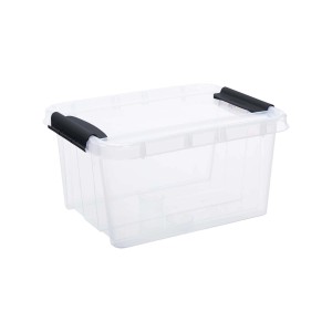 Przezroczysty pojemnik do przechowywania t.b.t. z czarnym zamknięciem pokrywy.