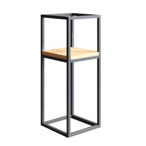 Nowoczesny stojak na kwiaty t.b.t. z metalu i drewna do wnętrz.