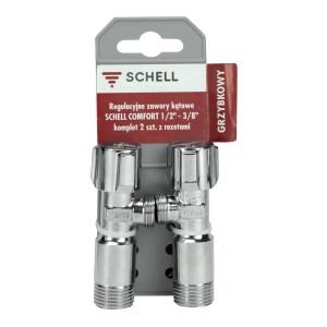 Zawory kątowe Schell Comfort 1/2"-3/8", komplet 2 szt. z rozetami, chromowane.