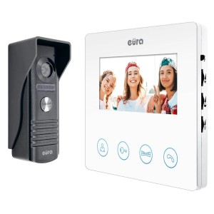 Eura t.b.t. Zestaw domofonowy z czarnym panelem zewnętrznym i białym wewnętrznym.