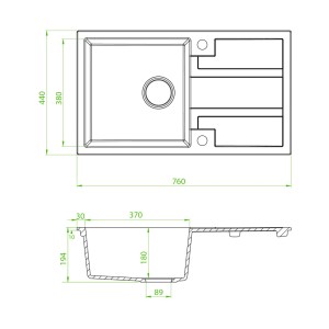 Rysunek techniczny zlewozmywaka granitowego t.b.t. z wymiarami.