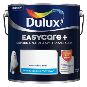 Wiadro z farbą Dulux Easycare+ w neutralnej bieli, matowa farba tytanowa do ścian.