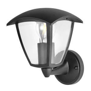 Czarna dekoracyjna lampa zewnętrzna z przezroczystym kloszem i żarówką.