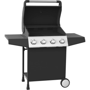 Czarny grill gazowy z czterema palnikami i otwartą pokrywą.
