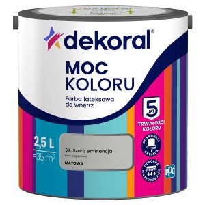Dekoral Moc Koloru farba do ścian, 2,5L, odcień Szara eminencja, matowa farba lateksowa do wnętrz.