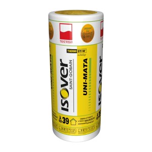 Rolka wełny mineralnej Isover Uni-Mata w kolorze żółto-białym.