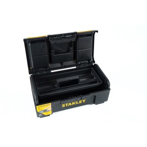 Otwarty kufer narzędziowy Stanley Basic 16 cali (406 mm) w kolorze czarno-żółtym z wkładką.