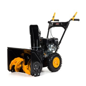 Czarny odśnieżarka spalinowa t.b.t. z żółtymi akcentami. Idealna do odśnieżania zimą.