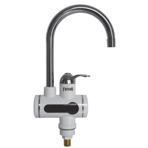 Przepływowy ogrzewacz wody Ferroli, biały z chromowaną baterią.