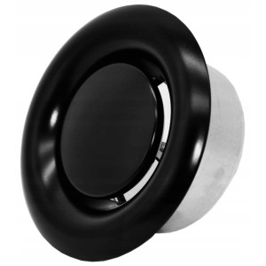 Czarny zawór talerzowy do akcesoriów kominkowych, okrągły kształt.