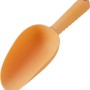 Pomarańczowa plastikowa łopatka z podziałką do prac ogrodowych.