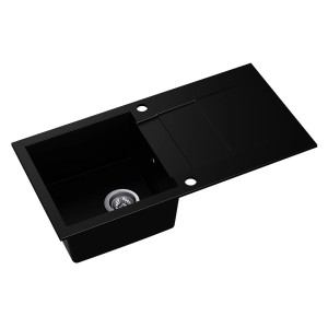 Czarny zlewozmywak granitowy t.b.t. z ociekaczem i dwoma otworami na baterię.