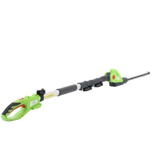 Akumulatorowe nożyce do żywopłotu teleskopowe, zielono-czarne, do wysokich żywopłotów i krzewów.