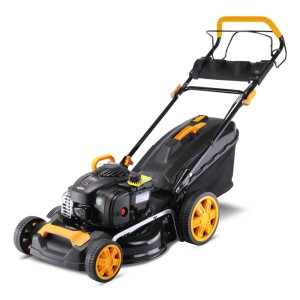 Czarna kosiarka spalinowa z żółtymi akcentami. Idealna do pielęgnacji trawnika.