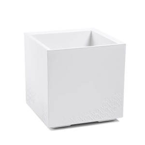 Biała, kwadratowa donica Orbis Karo Eco z tworzywa sztucznego pochodzącego z recyklingu, 40x40x39,4 cm.