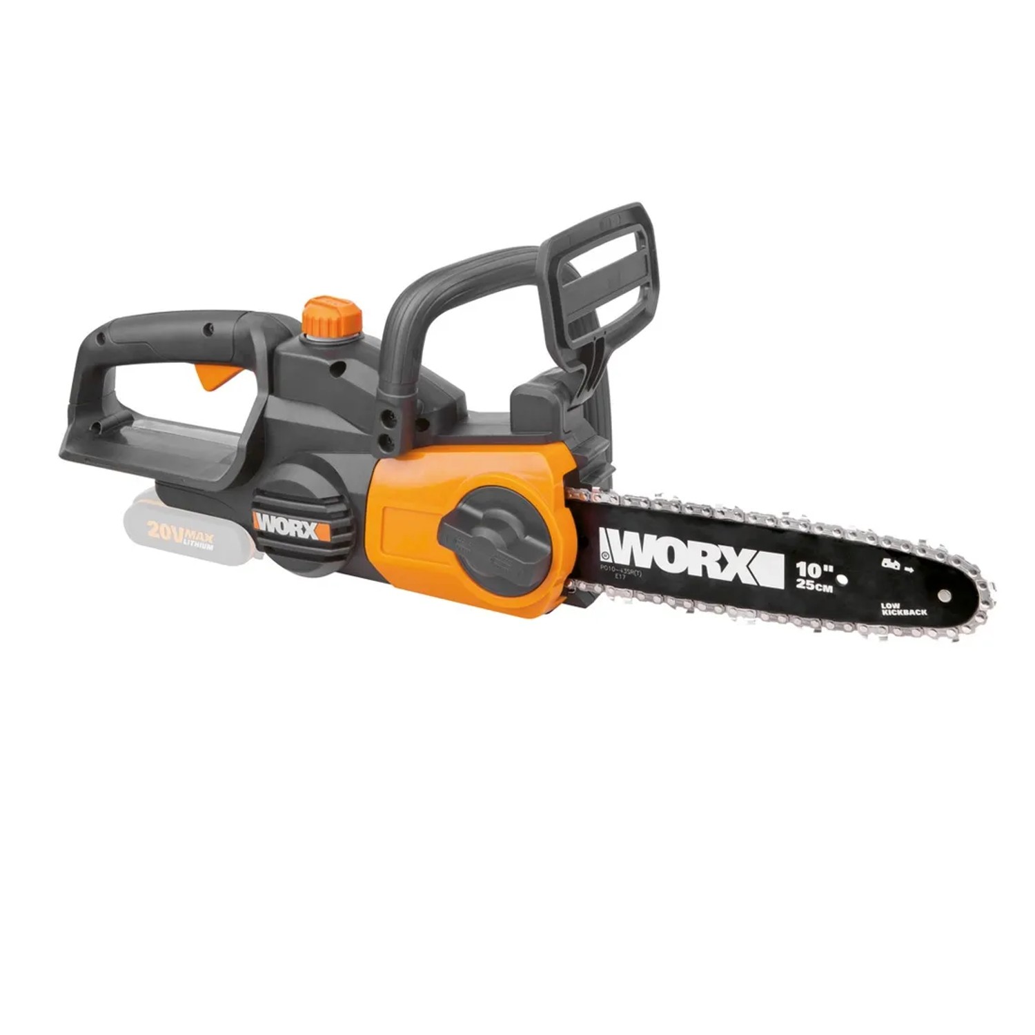 Akumulatorowa pilarka łańcuchowa Worx 20V WG322E.9 Solo, pomarańczowo-czarna, z prowadnicą 25 cm.