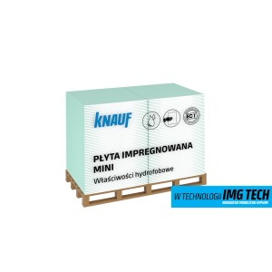 Stos impregnowanych płyt gipsowo-kartonowych Knauf Mini na palecie.