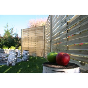 Drewniany płot w ogrodzie z jabłkami na pniu drzewa na pierwszym planie.