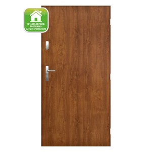 Brązowe drzwi zewnętrzne z efektem drewna i srebrną klamką.