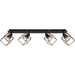 Czarny reflektor halogenowy t.b.t. z czterema lampami w stylu klatki do montażu sufitowego.