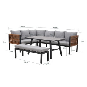 Szary zestaw mebli ogrodowych z narożną sofą, stołem i ławką. Idealny do ogrodu.