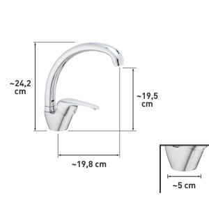 Chromowana bateria jednouchwytowa t.b.t. z wymiarami.